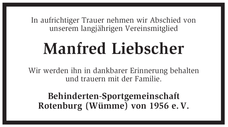  Traueranzeige für Manfred Liebscher vom 30.05.2012 aus KREISZEITUNG SYKE