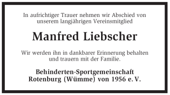 Traueranzeige von Manfred Liebscher von KREISZEITUNG SYKE