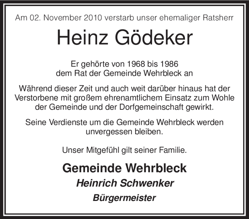  Traueranzeige für Heinz Gödeker vom 05.11.2010 aus KREISZEITUNG SYKE