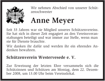 Traueranzeige von Anne Meyer von KREISZEITUNG SYKE