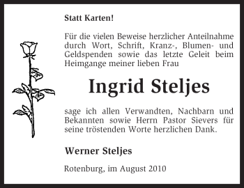 Traueranzeige von Ingrid Steljes von KREISZEITUNG SYKE