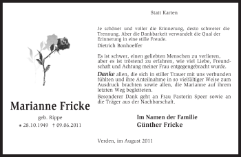 Traueranzeige von Marianne Fricke von KREISZEITUNG SYKE