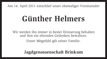 Traueranzeige von Günther Helmers von KREISZEITUNG SYKE