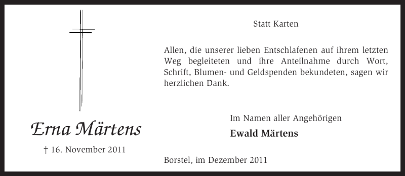  Traueranzeige für Erna Märtens vom 17.12.2011 aus KREISZEITUNG SYKE