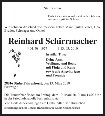 Traueranzeige von Reinhard Schirrmacher von KREISZEITUNG SYKE