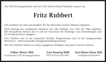 Traueranzeige von Fritz Rubbert von KRZ