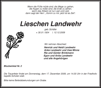 Traueranzeige von Lieschen Landwehr von KREISZEITUNG SYKE