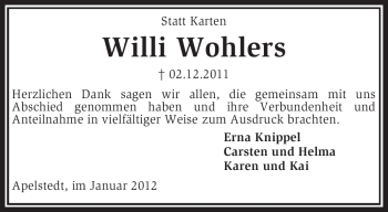 Traueranzeige von Willi Wohlers von KREISZEITUNG SYKE