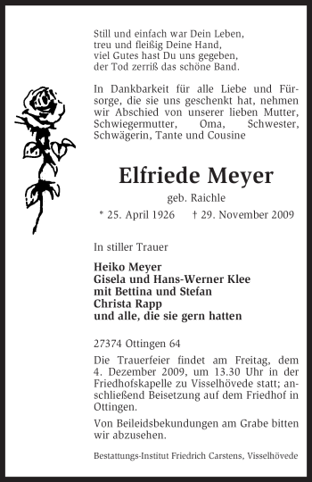 Traueranzeige von Elfriede Meyer von KREISZEITUNG SYKE