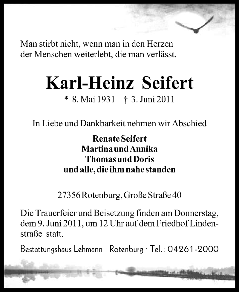  Traueranzeige für Karl-Heinz Seifert vom 06.06.2011 aus KREISZEITUNG SYKE