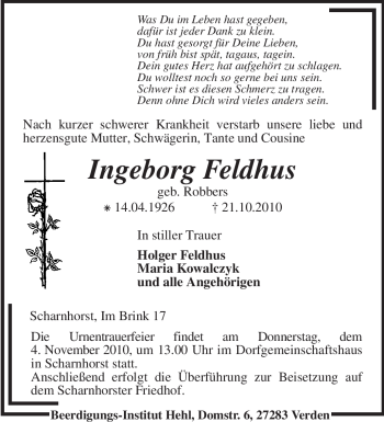 Traueranzeige von Ingeborg Feldhus von KREISZEITUNG SYKE