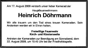 Traueranzeige von Heinrich Döhrmann von KREISZEITUNG SYKE