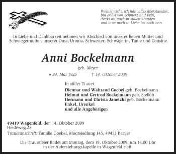 Traueranzeige von Anni Bockelmann von KREISZEITUNG SYKE