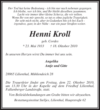 Traueranzeige von Henni Kroll von KREISZEITUNG SYKE