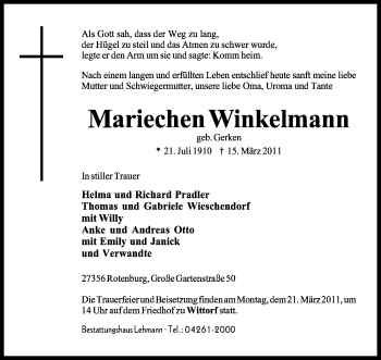 Traueranzeige von Mariechen Winkelmann von KREISZEITUNG SYKE
