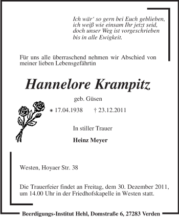 Traueranzeige von Hannelore Krampitz von KREISZEITUNG SYKE