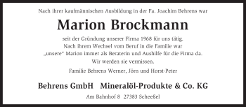 Traueranzeige von Marion Brockmann von KREISZEITUNG SYKE