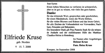 Traueranzeige von Elfriede Kruse von KREISZEITUNG SYKE