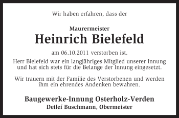 Traueranzeige von Heinrich Bielefeld von KREISZEITUNG SYKE