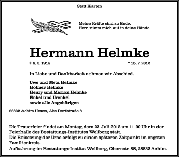 Traueranzeige von Hermann Helmke von KREISZEITUNG SYKE