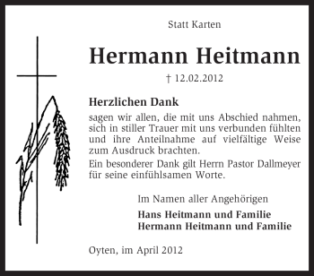 Traueranzeige von Hermann Heitmann von KREISZEITUNG SYKE
