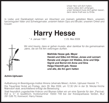 Traueranzeige von Harry Hesse von KREISZEITUNG SYKE