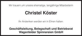 Traueranzeige von Christel Köster von KREISZEITUNG SYKE