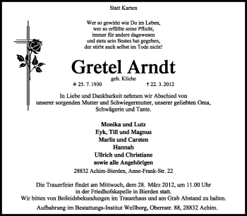 Traueranzeige von Gretel Arndt von KREISZEITUNG SYKE