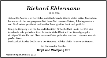 Traueranzeige von Richard Ehlermann von KRZ