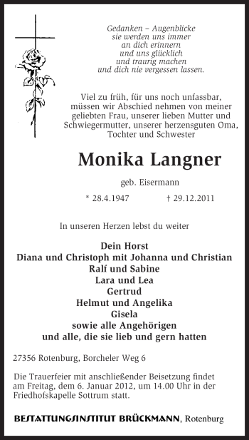Traueranzeige von Monika Langner von KREISZEITUNG SYKE