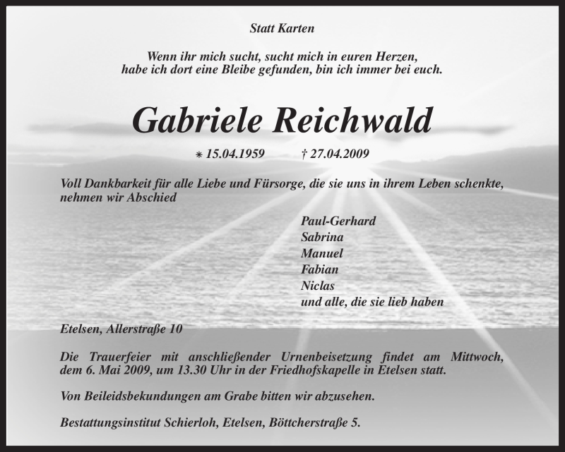  Traueranzeige für Gabriele Reichwald vom 02.05.2009 aus KREISZEITUNG SYKE