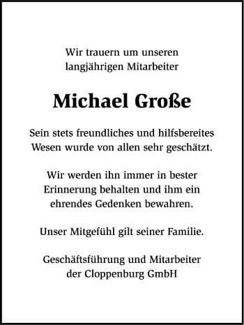 Traueranzeige von Michael Große von Kreiszeitung