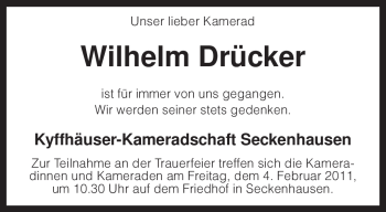 Traueranzeige von Wilhelm Drücker von KREISZEITUNG SYKE