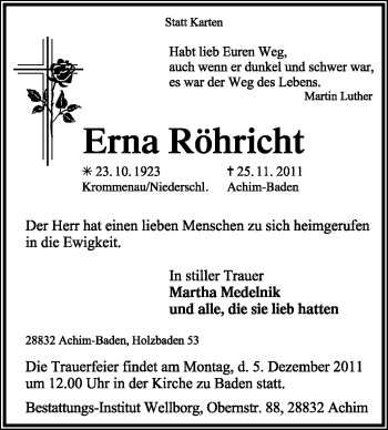 Traueranzeige von Erna Röhricht von KREISZEITUNG SYKE