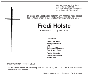 Traueranzeige von Fredi Holste von KREISZEITUNG SYKE