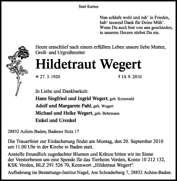 Traueranzeige von Hildetraut Wegert von KREISZEITUNG SYKE
