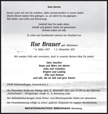 Traueranzeige von Ilse Brauer von KREISZEITUNG SYKE