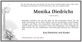 Traueranzeige von Monika Diedrichs von KREISZEITUNG SYKE