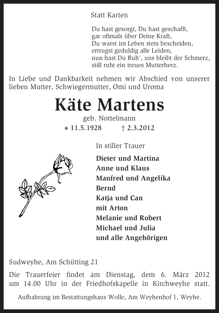  Traueranzeige für Käte Martens vom 03.03.2012 aus KREISZEITUNG SYKE
