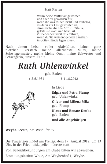 Traueranzeige von Ruth Uhlenwinkel von KREISZEITUNG SYKE