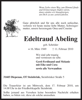 Traueranzeige von Edeltraud Abeling von KREISZEITUNG SYKE