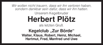 Traueranzeige von Herbert Plötz von KREISZEITUNG SYKE