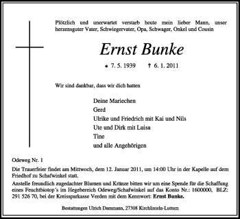 Traueranzeige von Ernst Bunke von KREISZEITUNG SYKE