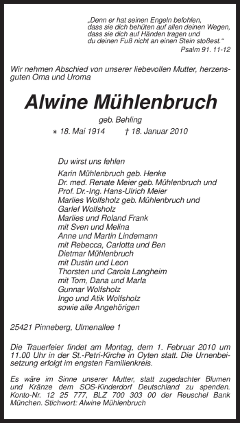 Traueranzeige von Alwine Mühlenbruch von KREISZEITUNG SYKE