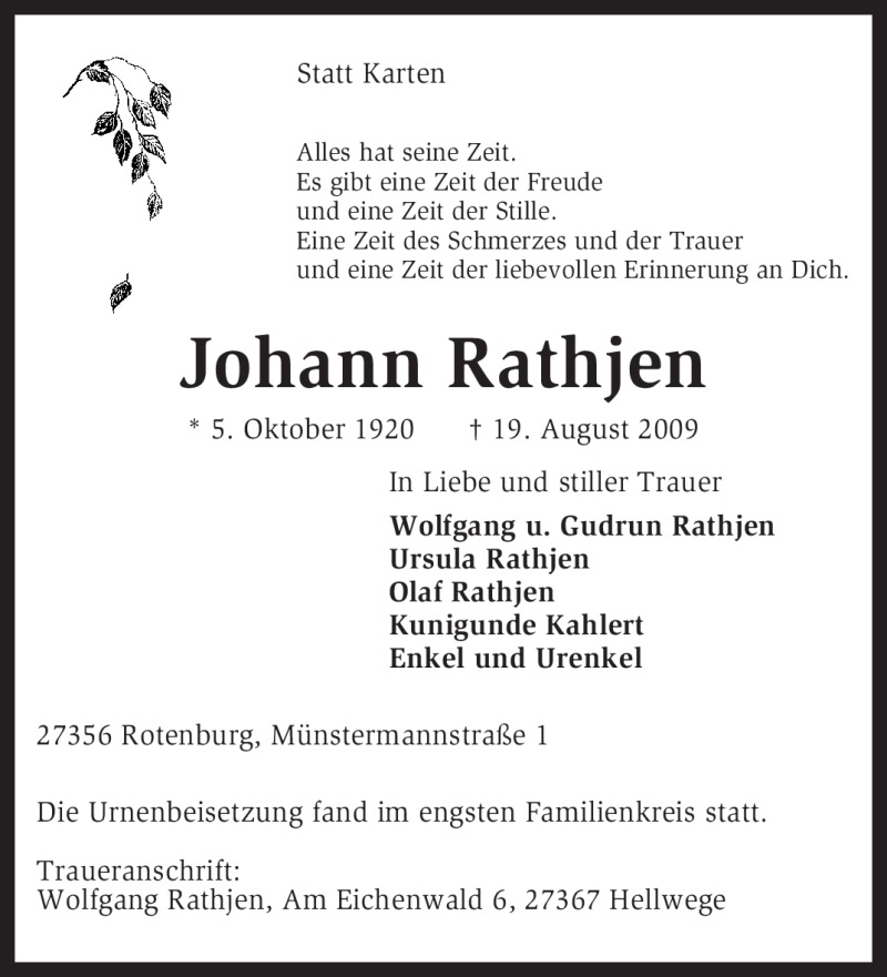  Traueranzeige für Johann Rathjen vom 05.09.2009 aus KREISZEITUNG SYKE