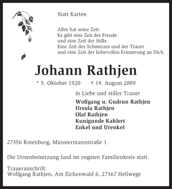 Traueranzeige von Johann Rathjen von KREISZEITUNG SYKE