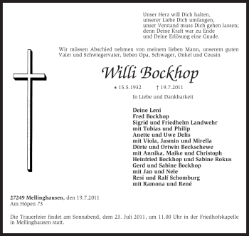 Traueranzeige von Willi Bockhop von KREISZEITUNG SYKE