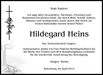 Traueranzeige von Hildegard Heins von KREISZEITUNG SYKE