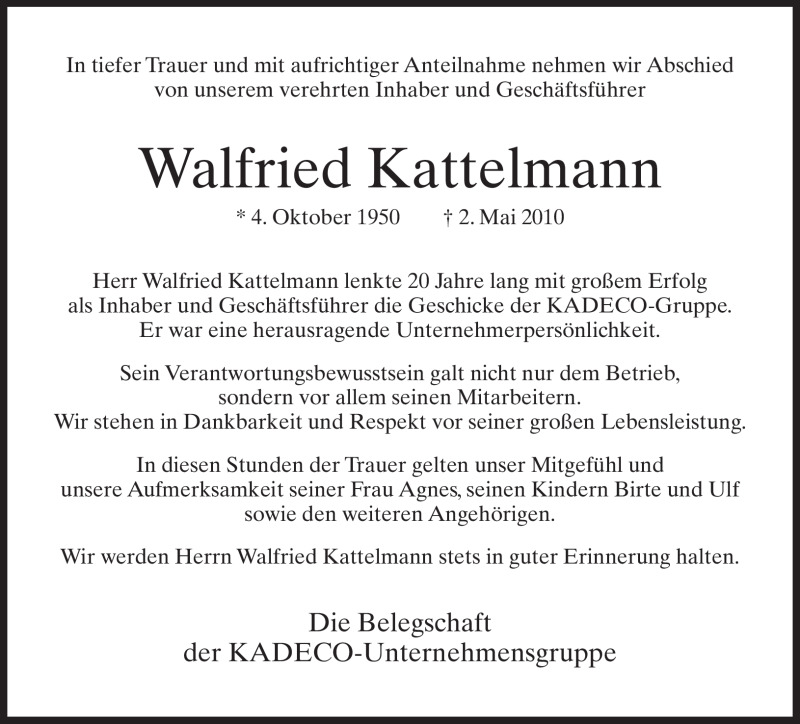  Traueranzeige für Walfried Kattelmann vom 08.05.2010 aus KREISZEITUNG SYKE