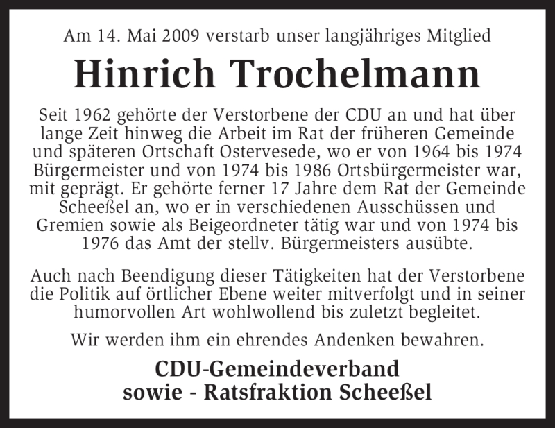  Traueranzeige für Hinrich Trochelmann vom 16.05.2009 aus KREISZEITUNG SYKE